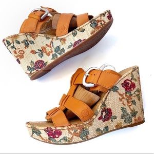BORN Pumpkin Floral Canvas Wedge Heel Sandals
